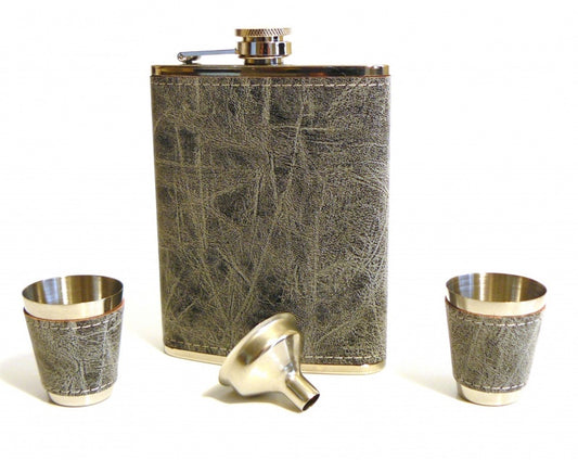 Stainless Steel Hip Flask 8oz in Grey PU Leather