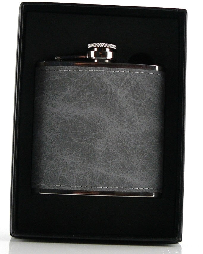 Stainless Steel Hip Flask 6oz in Grey PU Leather
