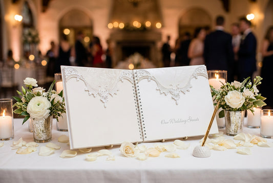 Open cream wedding guest book with lace design on covers and “Our Wedding Guests” text