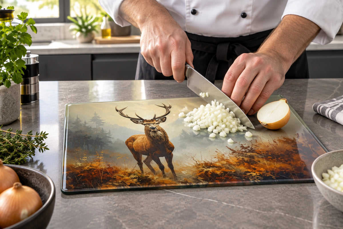 A rectangular glkass chopping board featuring a stag with large antlers standing in a misty autumn forest, shown on a kitchen worktop.