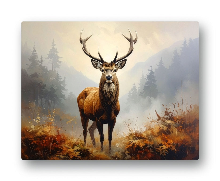A rectangular glass worktop saver featuring a stag with large antlers standing in a misty autumn forest, shown against a plain white background with a soft shadow.