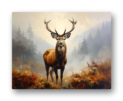 A rectangular glass worktop saver featuring a stag with large antlers standing in a misty autumn forest, shown against a plain white background with a soft shadow.