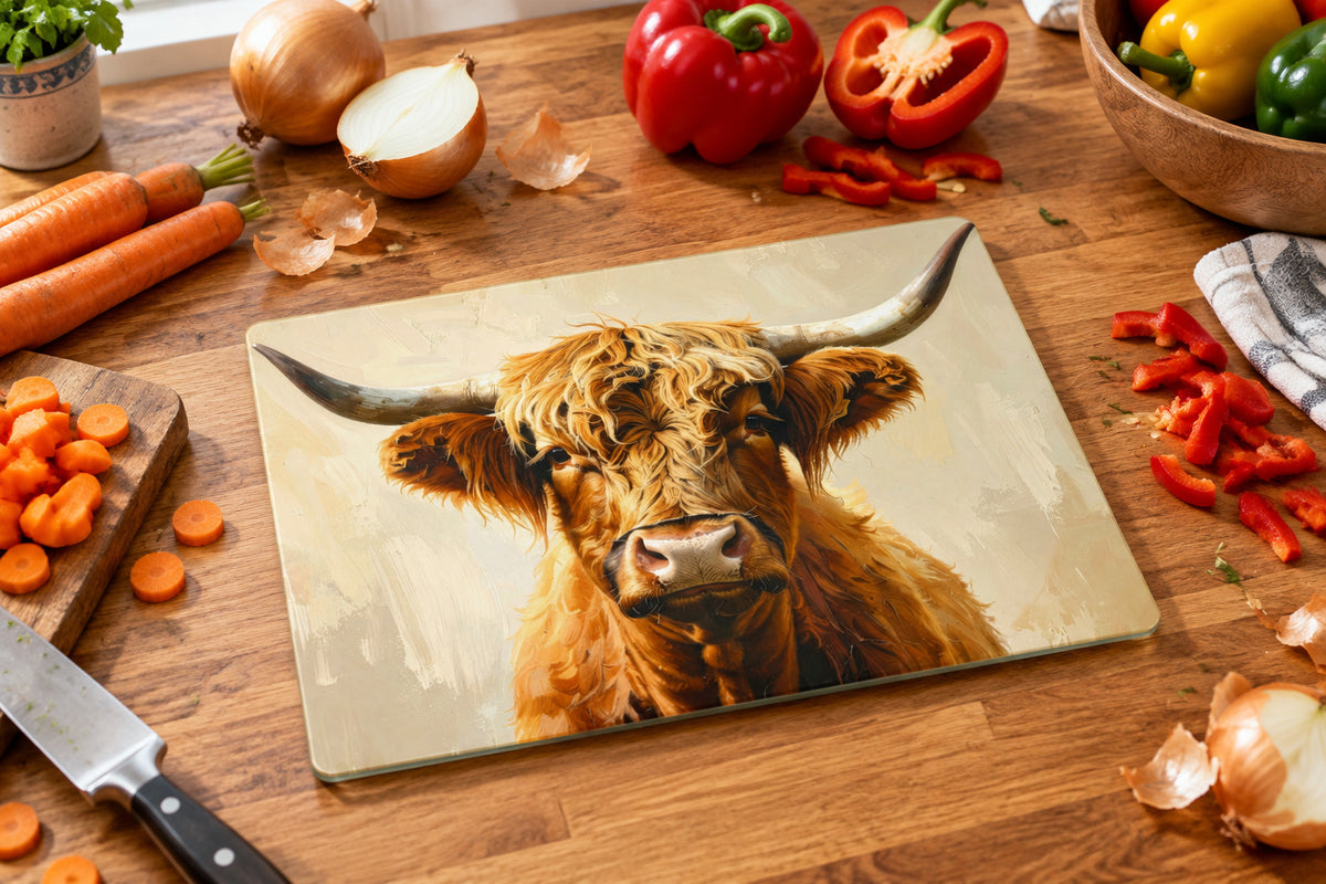 A rectangular glass worktop saver featuring a close-up painted portrait of a shaggy brown and beige cow with long curved horns, shown against a light wooden worktop.
