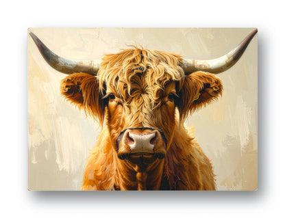 A rectangular glass worktop saver featuring a close-up painted portrait of a shaggy brown and beige cow with long curved horns, shown against a light neutral background.