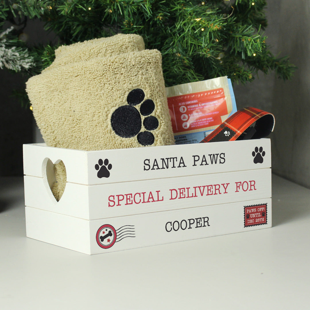 Personalised Santa Paws White Wooden Crate - Christmas Eve Treats Box