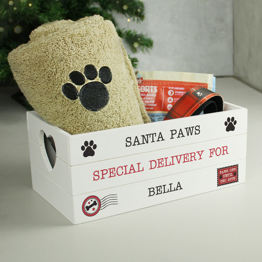 Personalised Santa Paws White Wooden Crate - Christmas Eve Treats Box