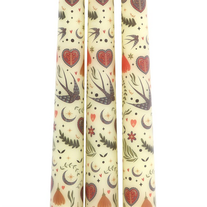 Set of 3 Cream Midnight Bloom Print Taper Candles