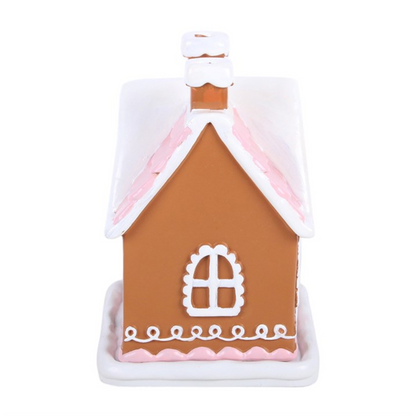 Pink gingerbread house incense cone burner, brown front panel with pink side wings