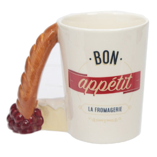 Ceramic Tea / Coffee Mug with Baguette Shaped Handle & Bon Appetit Slogan
