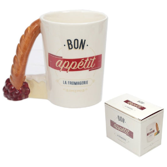 Ceramic Tea / Coffee Mug with Baguette Shaped Handle & Bon Appetit Slogan