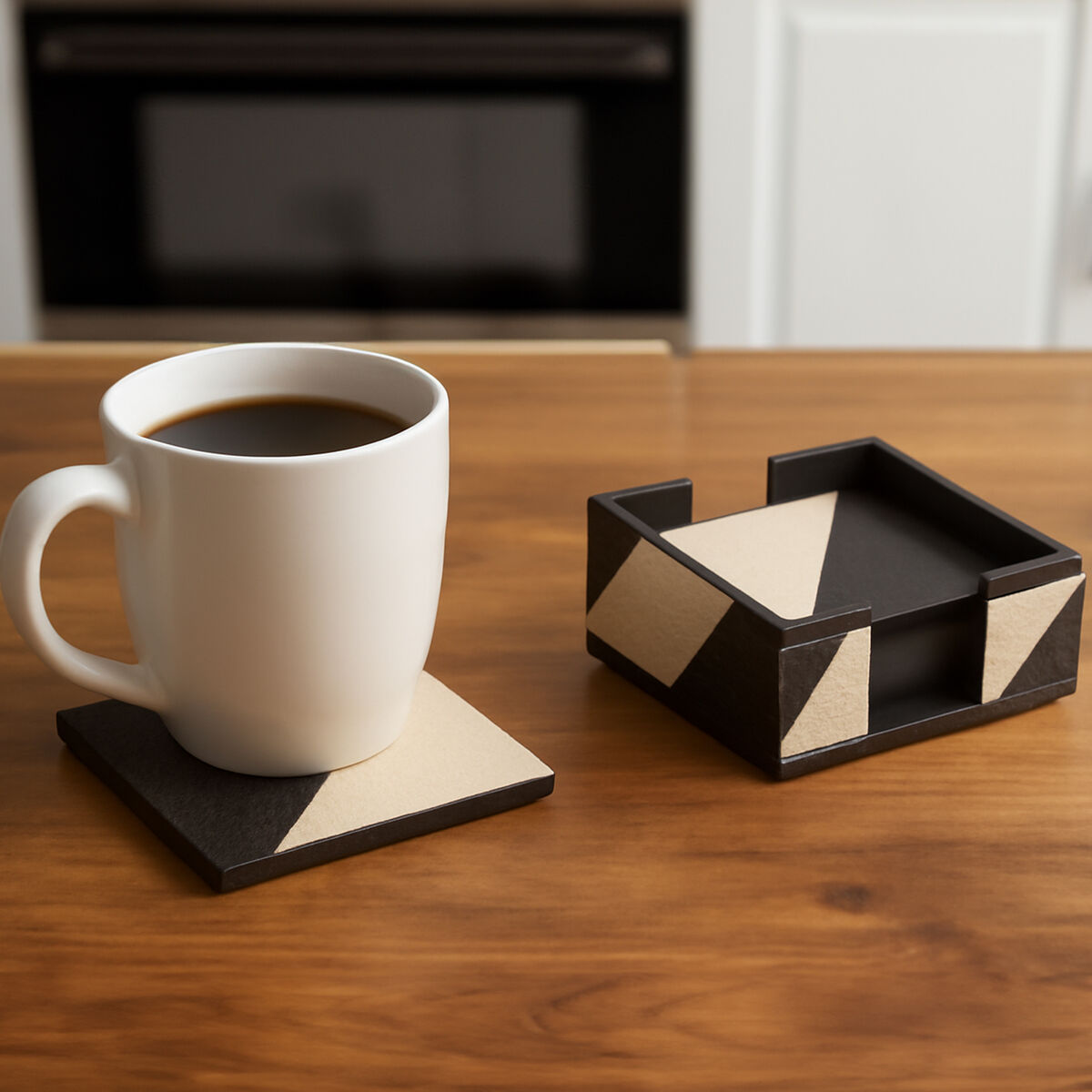 Ezra Set Of Four Black And White Coasters With Holder