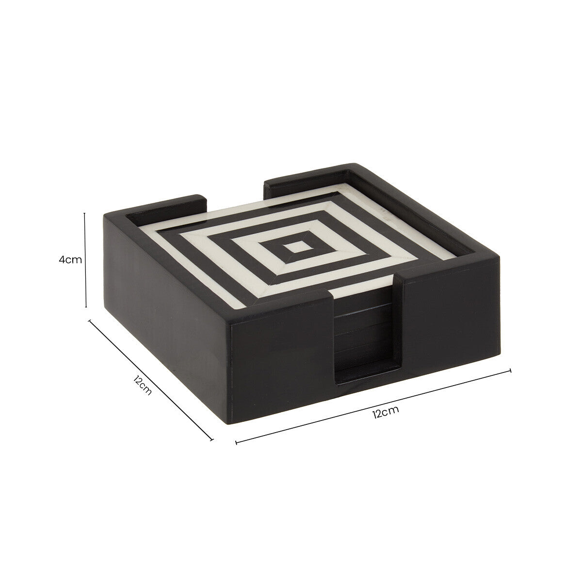Donato Set of Four Black and White Stripe Coasters with Holder