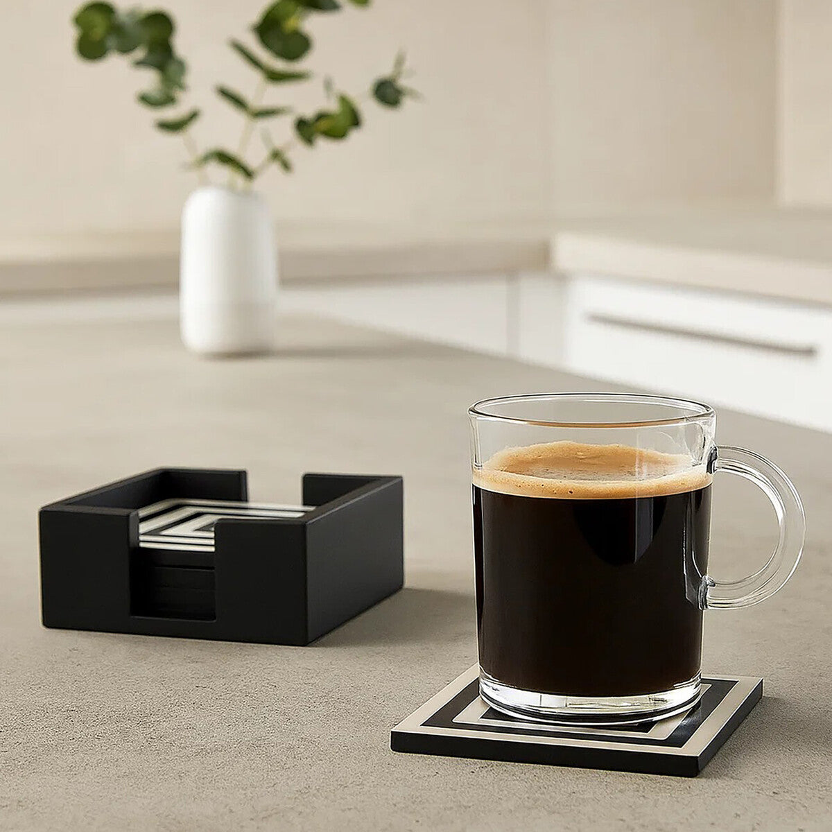 Donato Set of Four Black and White Stripe Coasters with Holder
