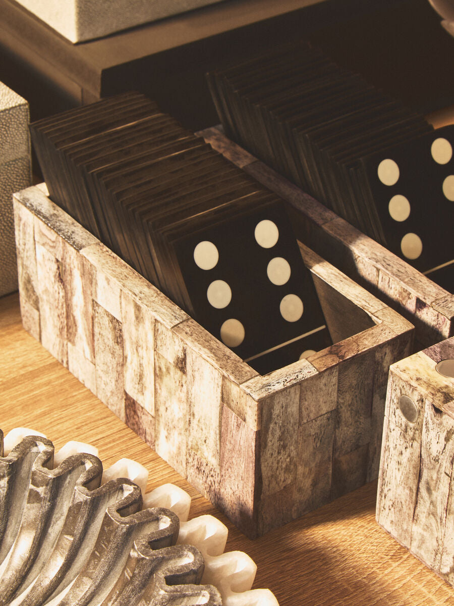 Churchill Games Grey Bone Domino Set with Black Dominoes