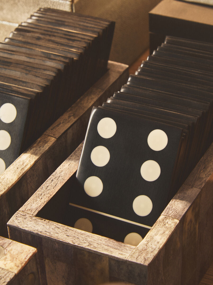 Churchill Games Grey Bone Domino Set with Black Dominoes