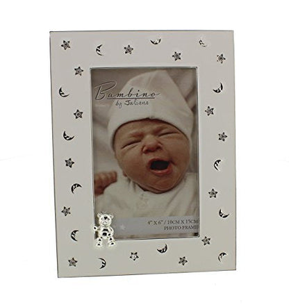Bambino Silver Plated Frame Stars & Moon Teddy 4x6 Inch Picture