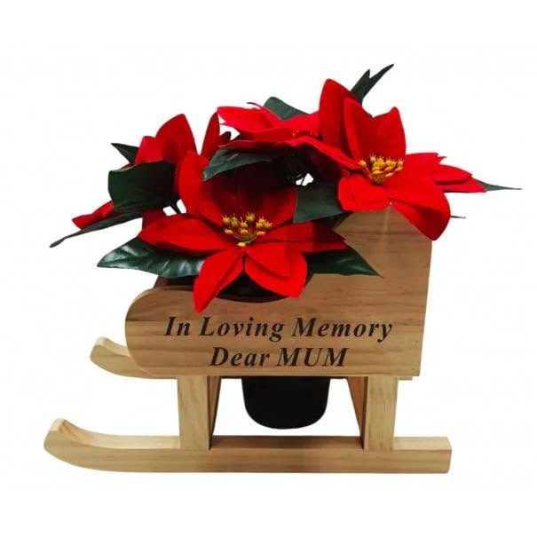 Memorial Wooden Sleigh With Red Poinsettia Grave Pot  - Mum