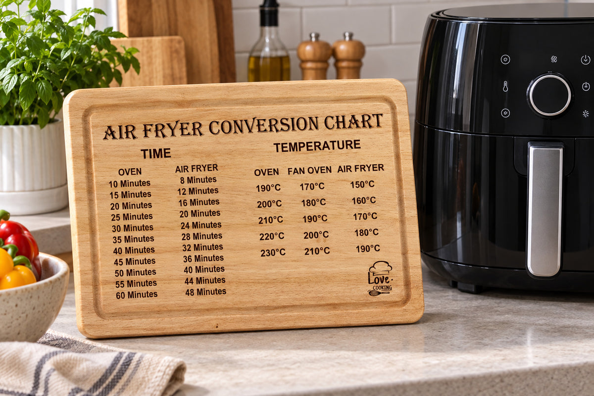 A rectangular wooden chopping board chart with rounded corners, featuring an air fryer conversion chart comparing oven, air fryer, and fan oven cooking times and temperatures.