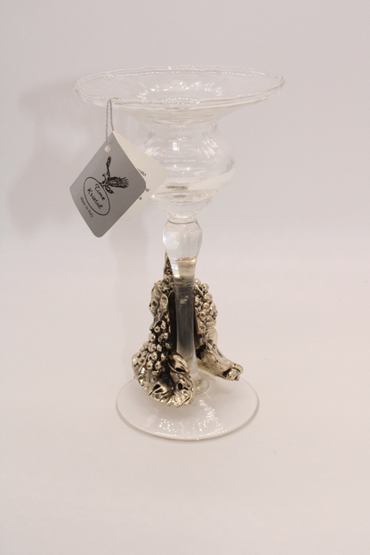 Time Kristal Hand Made Italian Glass Candle Holder with Cast Silver Grapes