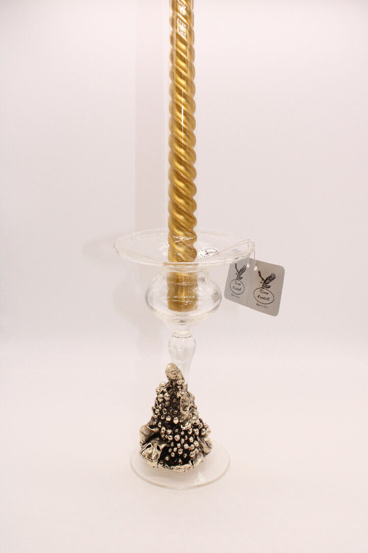 Time Kristal Hand Made Italian Glass Candle Holder with Cast Silver Grapes