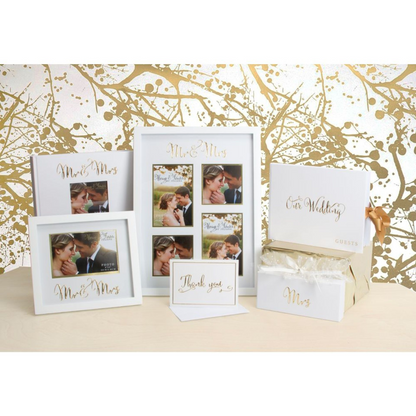 White wedding photo memories album card with gold foil “Our Wedding Memories”