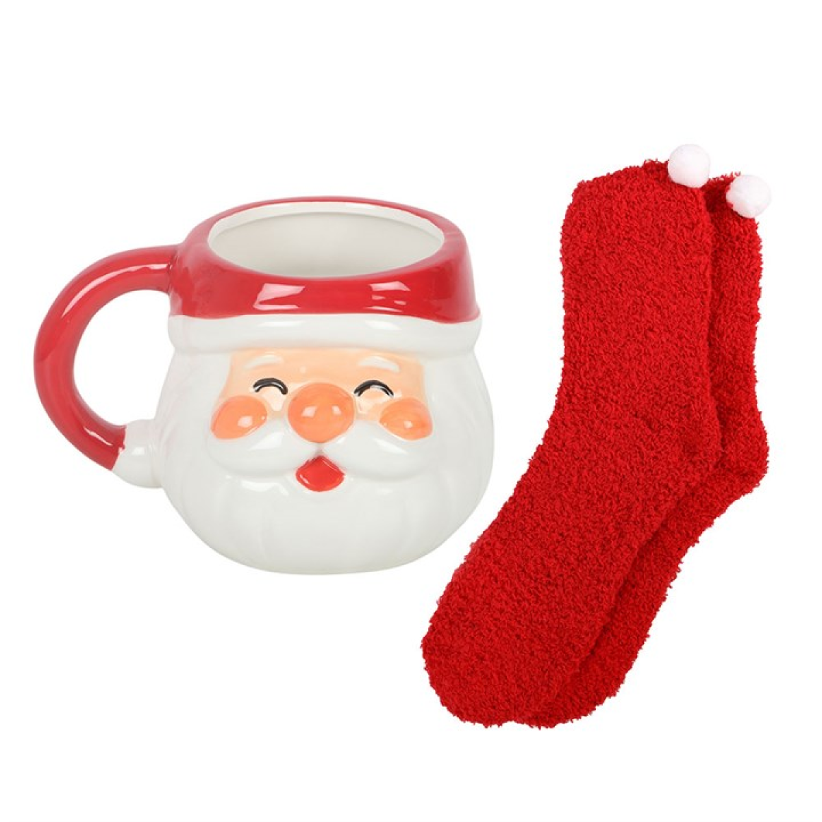 Santa face ceramic mug with red handle and matching fuzzy red socks