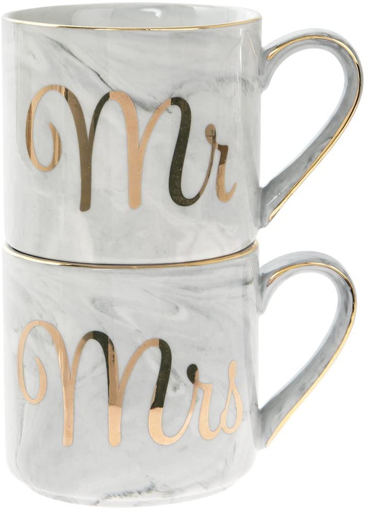 Set of 2 Grey and White Marble Mr and Mrs Stacking Mugs