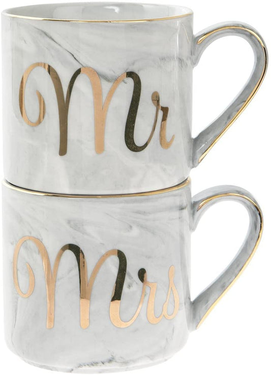 Set of 2 Grey and White Marble Mr and Mrs Stacking Mugs