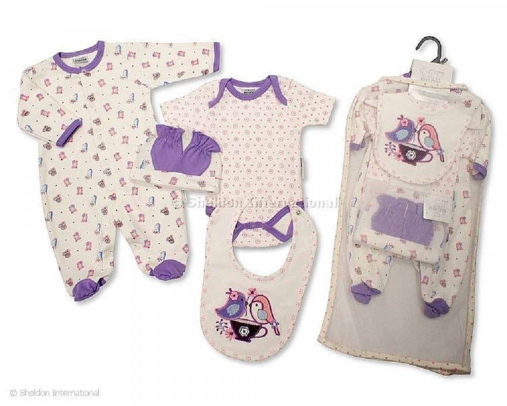 Nursery Time Fantastic 5 piece Cotton Layette Gift Set. Unisex set for ages Newborn, 0-3 months, 3-6 months