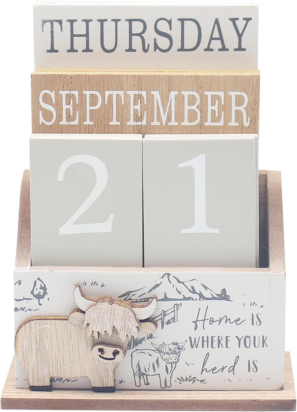 Cute Highland Cow Perpetual Wooden Adjustable Day & Month Tabletop Calendar - Reuse Every Year