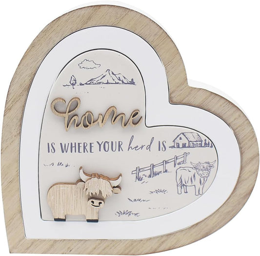Love & Affection Highland Cow 3D Wooden Heart Home Plaque