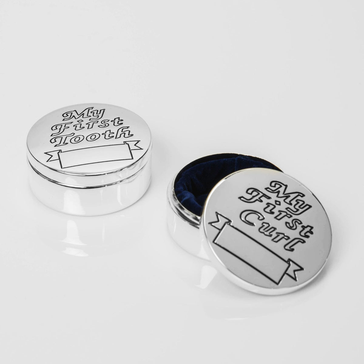 Silverplated First Tooth & First Curl Boxes boxed as pair