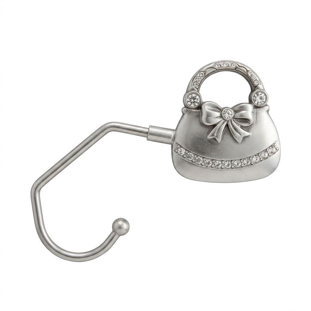 A silver metal purse caddy hook shaped like a decorative padlock.