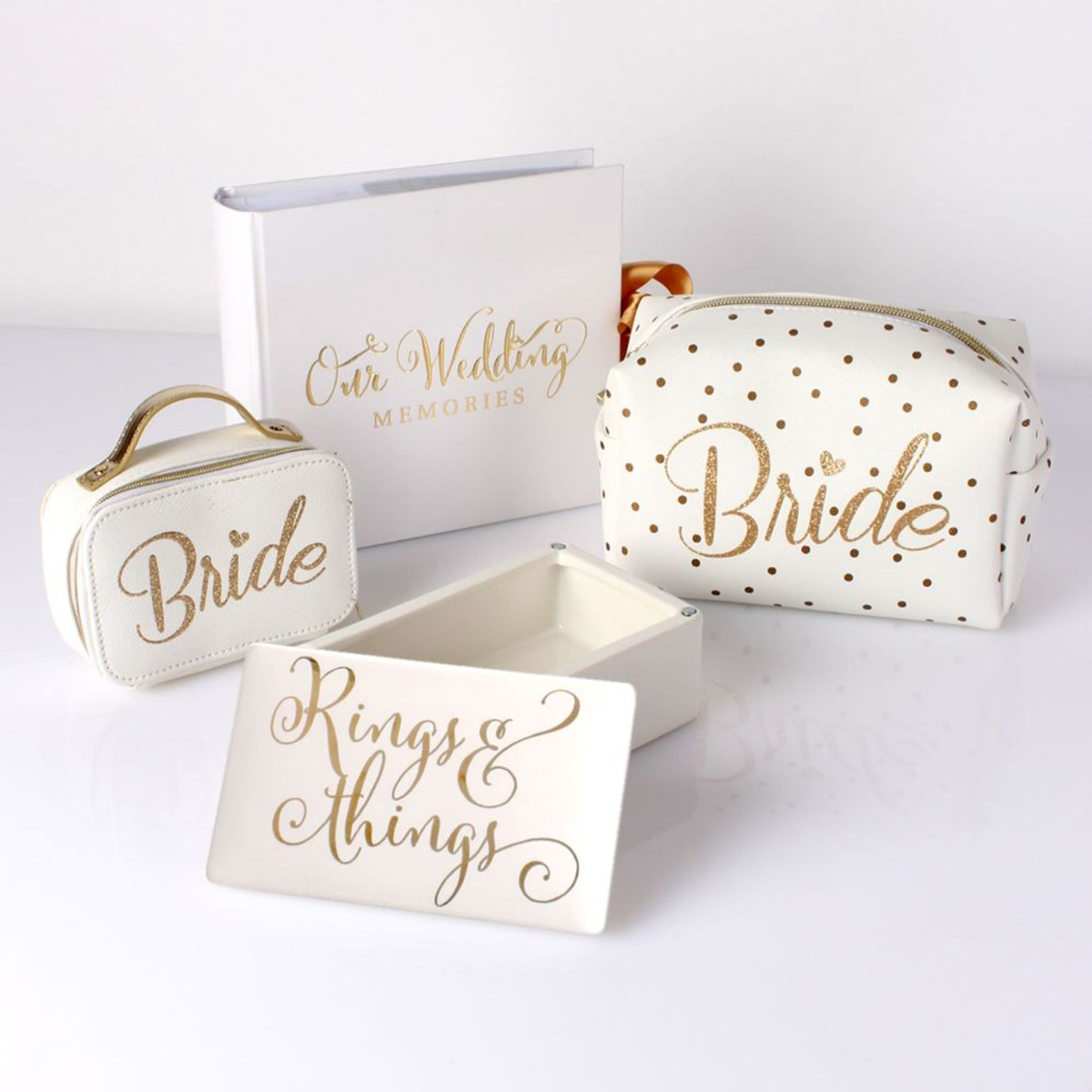 White "Our Wedding Memories" guest book with gold foil, plus matching Bride pouch
