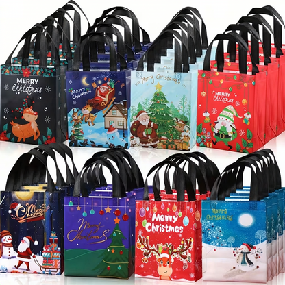 Reusable Christmas themed gift bags with black handles, arranged in two rows. The bags feature various festive holiday illustrations including Santa Claus, reindeer, snowmen, and Christmas trees in multiple colours like red, blue, green, and purple.