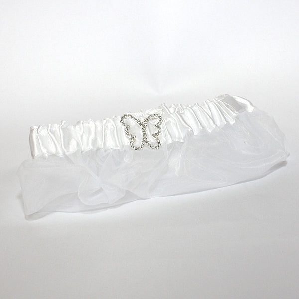 Satin Garter with Rhinestone Butterfly ~ Ivory or White