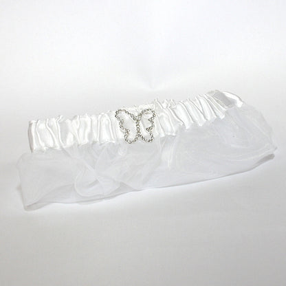 Satin Garter with Rhinestone Butterfly ~ Ivory or White