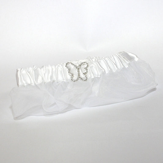 Satin Garter with Rhinestone Butterfly ~ Ivory or White