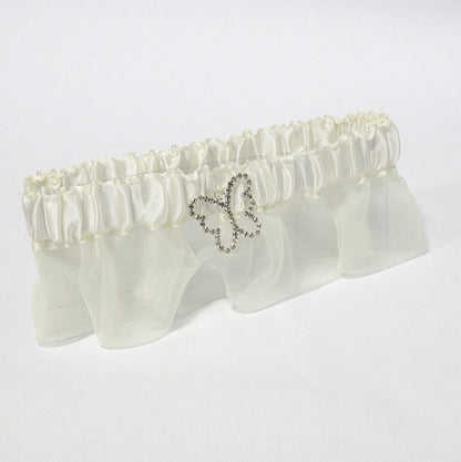Satin Garter with Rhinestone Butterfly ~ Ivory or White