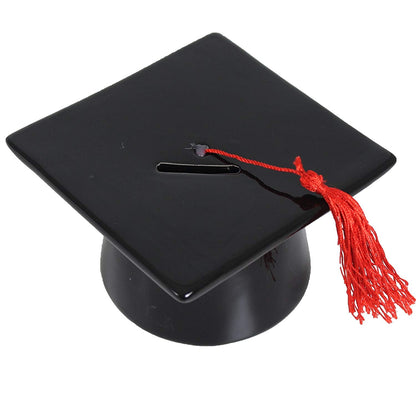 Graduation Black Mortar Board Hat Money Box with Red Tassel