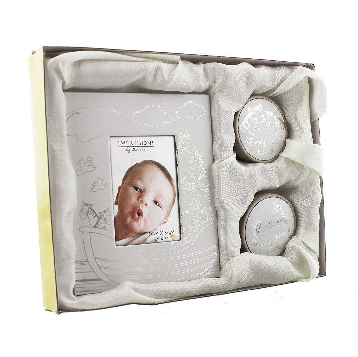 Noahs Ark Design Aluminium First Tooth, Curl & Photo Frame Gift Set