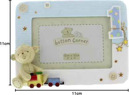 Button Corner 1st Birthday Blue Resin Photo Frame with Teddy
