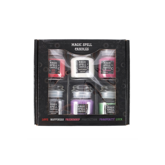 Magic spell candles gift set box with six jar candles in clear holder