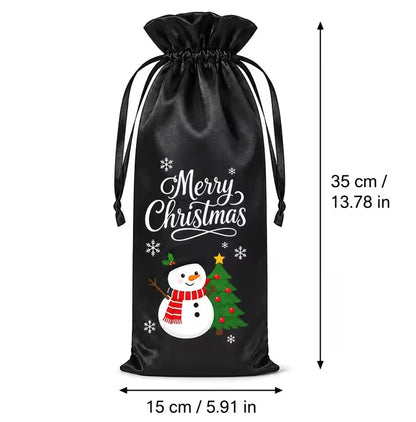 Black Christmas-themed drawstring gift bag with a printed snowman, Christmas tree, and 'Merry Christmas' text, shown with dimension arrows indicating 15 cm width and 35 cm height on a white background.