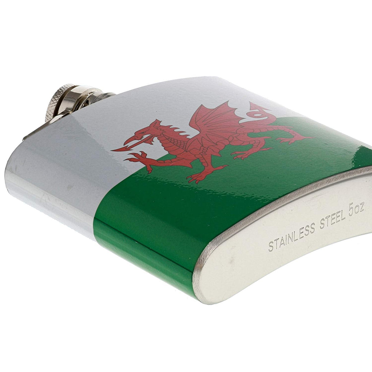 Stainless steel hip flask with Welsh flag dragon on green-and-silver body
