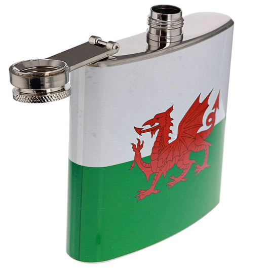 Stainless steel hip flask with Welsh flag dragon graphic and hinged funnel cap