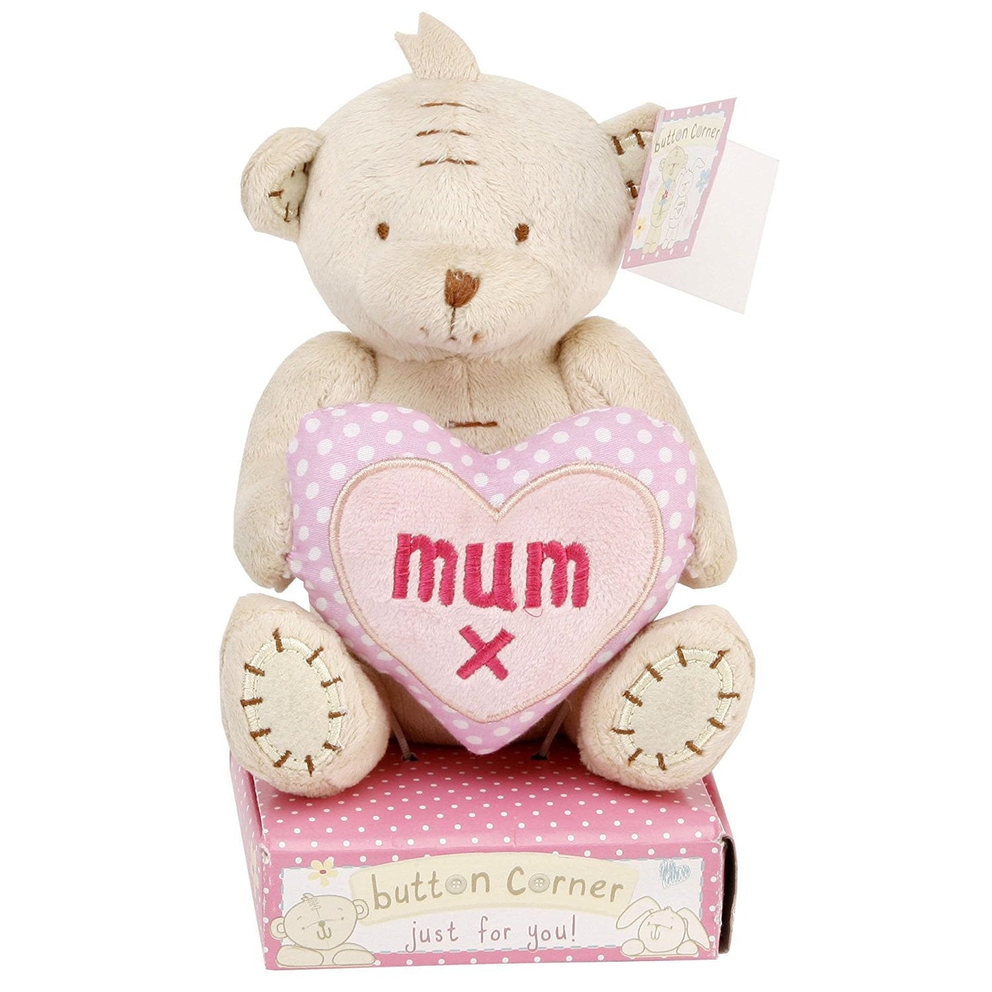 Button Corner Teddy Bear with Dotty Heart - Mum X