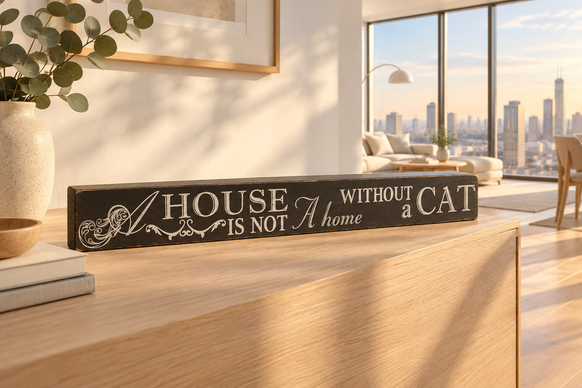 A rectangular black wooden plaque with white painted text that reads 'A HOUSE WITHOUT a CAT IS NOT a home' on a sideboard.