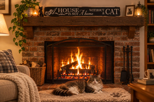 A rectangular black wooden plaque with white painted text that reads 'A HOUSE WITHOUT a CAT IS NOT a home', displayed on a mantelpiece over a fire.