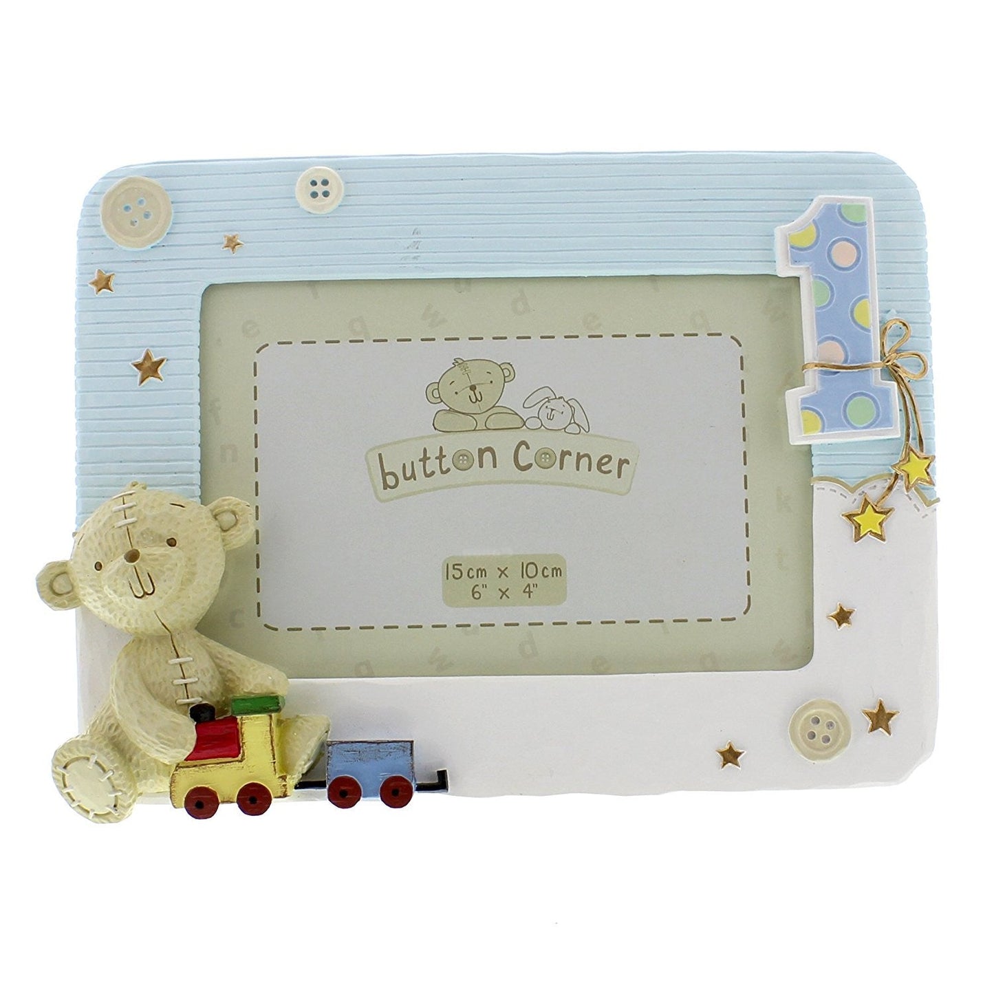 Button Corner 1st Birthday Blue Resin Photo Frame with Teddy